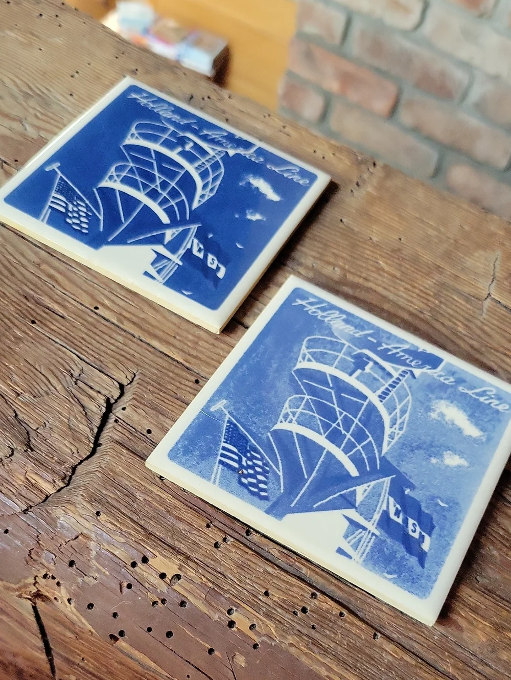 Vintage Holland-America Cruise Line Blue Nautical Ceramic Coasters, Set Of 2